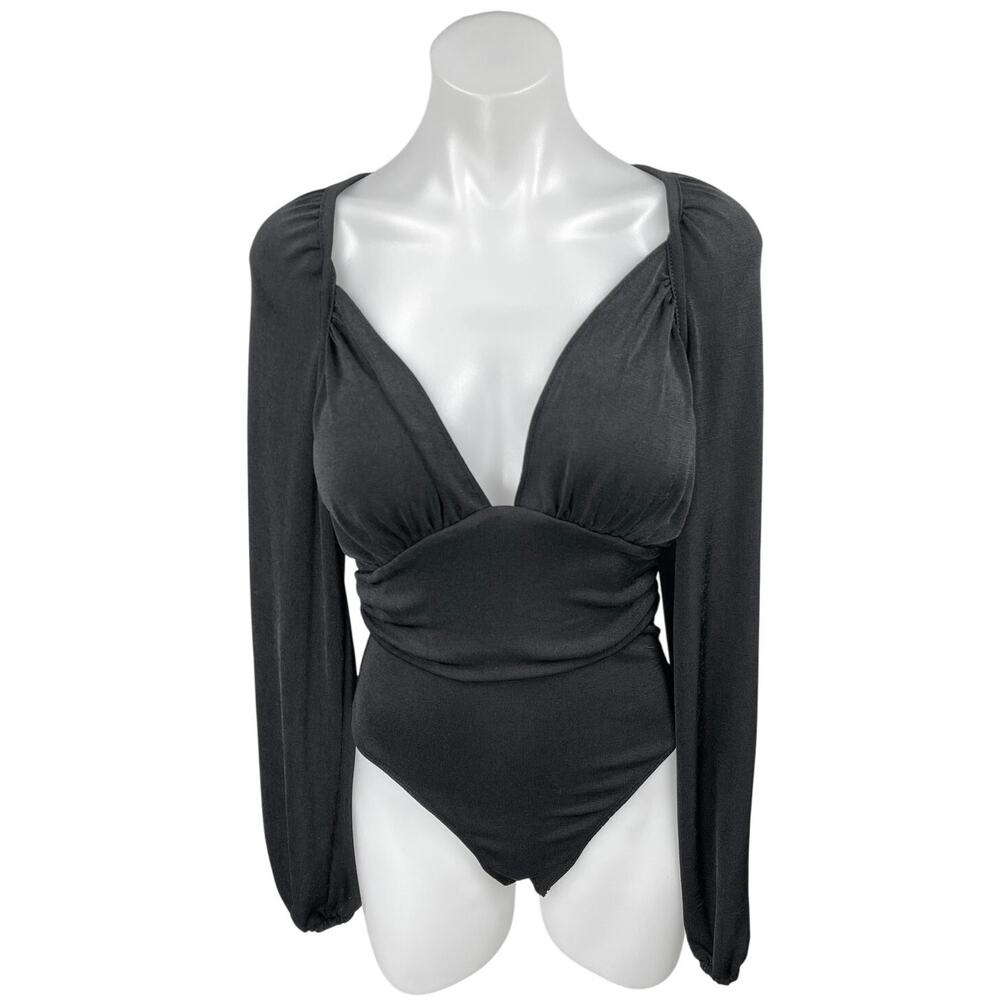 Free People In Your Arms Black Long Sleeve Shirred Bodysuit Blouse Top Size S